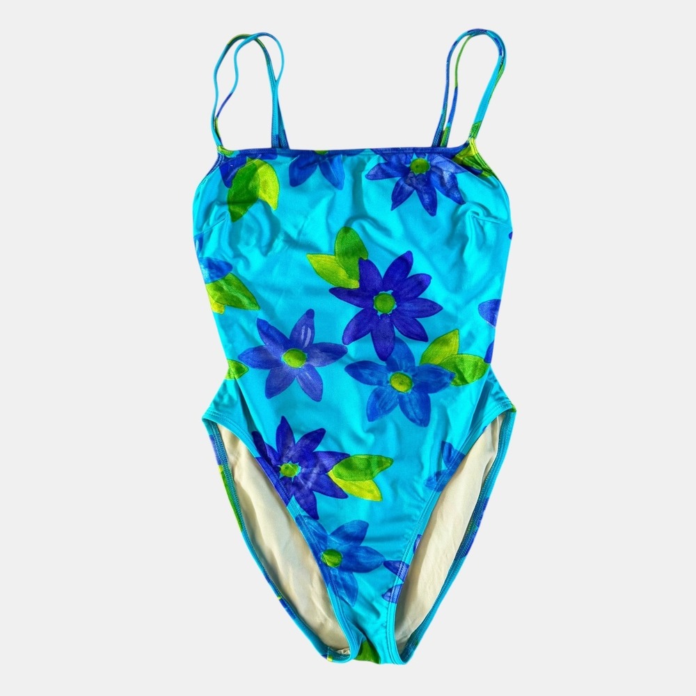 Vintage La Blanca One Piece Swimsuit Floral Turquoise High Cut sz 10 90s resort